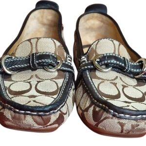 Coach Jillian Tan and Brown Loafers with Signature Monogram Double Buckle Trim